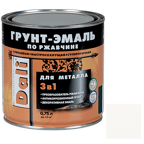 БЕЛАЯ (RAL 9010) Грунт-Эмаль по ржавчине 3в1 0,75л Dali