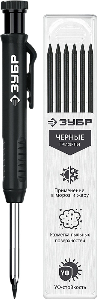Автоматический строительный карандаш ЗУБР, черный, НВ, 6 сменных грифелей, АСК, серия Профессионал