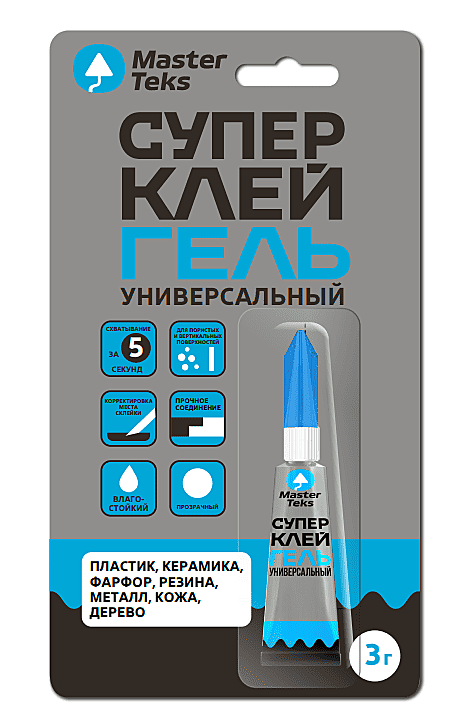 Клей гель цианакрилатный универсальный блистерная карта MasterTeks 3г прозрачный