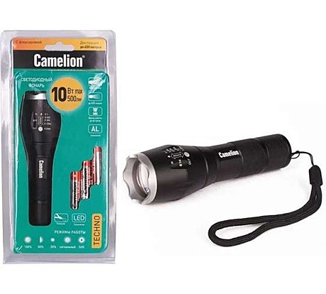 Camelion LED5136 фонарь, черный, LED XML-T6, ZOOM, 5 реж. 3XLR03 в компл., алюм., откр.блистер